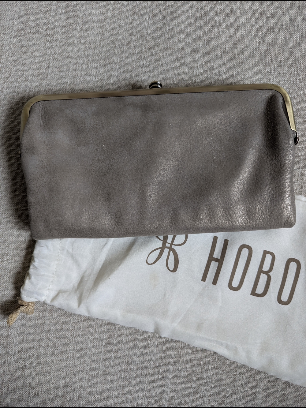 HOBO Lauren Gray Taupe Leather Kiss-Lock Clutch